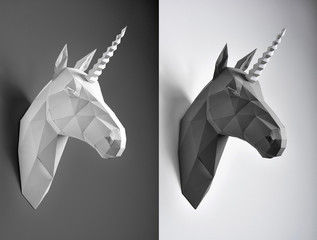 Contrast collage of black and white paper unicorn heads. Innovative interior design details. Straight lines. Original geometrical shape. Shadows. Concept of interior shooting. © serhiibobyk