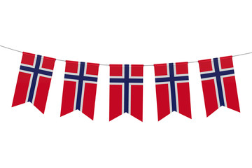 Norway national flag festive bunting against a plain white background. 3D Rendering