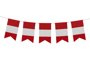 Peru national flag festive bunting against a plain white background. 3D Rendering
