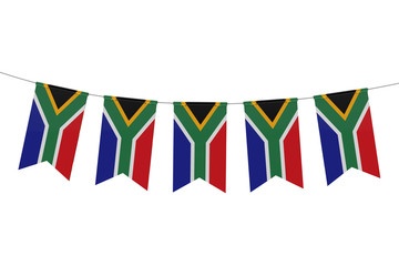 South Africa national flag festive bunting against a plain white background. 3D Rendering
