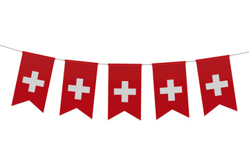 Switzerland national flag festive bunting against a plain white background. 3D Rendering