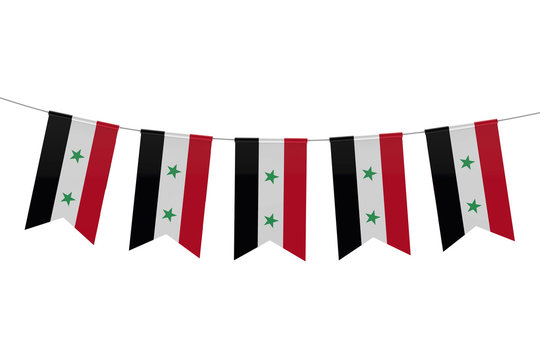 Syria national flag festive bunting against a plain white background. 3D Rendering