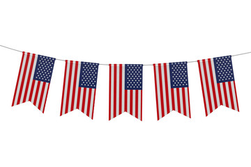 USA national flag festive bunting against a plain white background. 3D Rendering