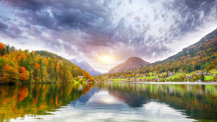 Idyllic autumn scene in Grundlsee lake in Alps mountains, Austria