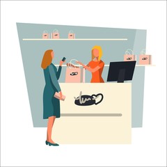 Shopping people. Woman pays for a purchase with a credit card at the checkout counter. Vector illustration in flat style.