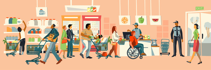 Supermarket interior. People shopping food. People stand in line at the cash register. A person in a wheelchair pays for a purchase. Retail store illustration with people in flat style.