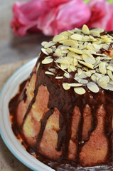 Cheesecake with rhubarb poured chocolate glaze