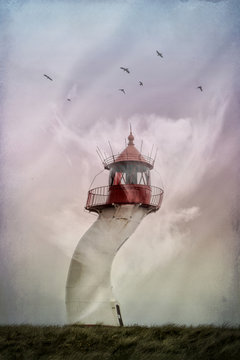 Lighthouse, twisted by wind, surreal