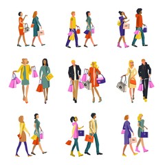 Fototapeta na wymiar People shopping. Men and women come with packages. Isolated vector illustration.