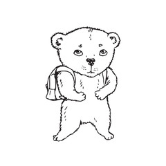 Bear with school bag on shoulders, hand drawn doodle, sketch, vector outline illustration