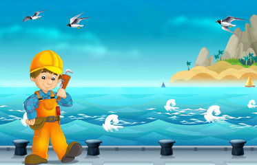 cartoon scene with worker on some harbor doing some work - illustration for children 