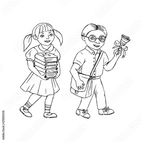 Girl And Boy Going To School Drawing