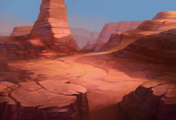 Wild west Texas desert landscape with mountains of canyon. Realistic Cartoon style for game art and animation.