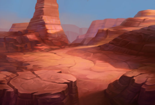 Wild west Texas desert landscape with mountains of canyon. Realistic Cartoon style for game art and animation.