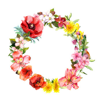 Floral wreath with blooming flowers, field grass. Watercolor round border