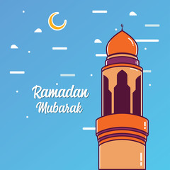 Ramadan Mubarak Greeting Card design with tower mosque vector Illustration. Ramadan Mubarak Greeting Card Background. Tower Mosque Flat Illustration. Ramadan Kareem. Flat Illustration.