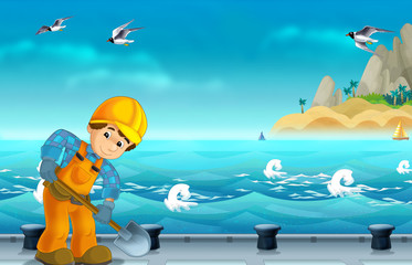 cartoon scene with worker on some harbor doing some work - illustration for children 