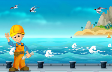 cartoon scene with worker on some harbor doing some work - illustration for children 