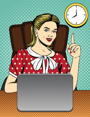 Vector colorful comic pop art style illustration of a secretary sitting on the chair in office. Business Woman pointing finger up at the clock