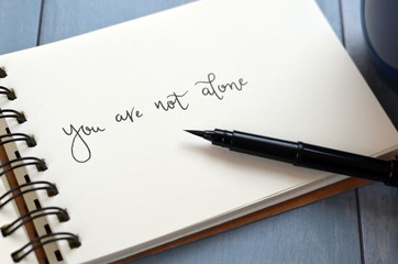 YOU ARE NOT ALONE hand-lettered on notebook