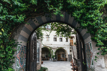 decorative arch with open gates and green leaves in historical cappadocia, turkey