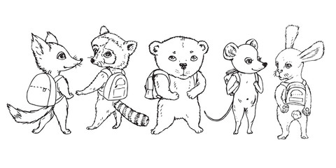 Animals collection: fox, raccoon, bear, mouse and rabbit with school bags on shoulders, hand drawn doodle, sketch, vector outline illustration
