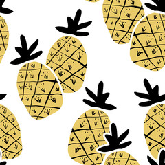 Kids hand drawn seamless pattern with pineapples