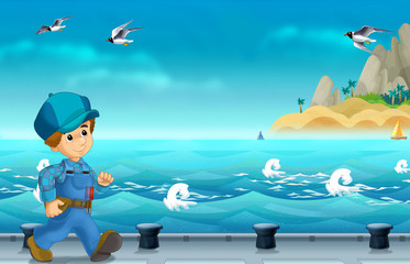 cartoon scene with worker on some harbor doing some work - illustration for children 