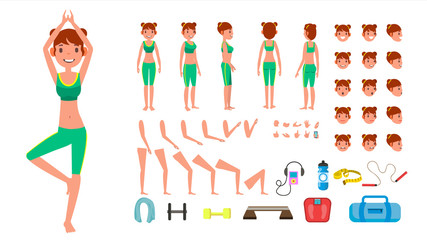 Yoga Woman Vector. Prenatal Yoga Animated Character Creation Set. Woman Full Length, Front, Side, Back View, Accessories, Poses, Face Emotions, Gestures. Isolated Flat Cartoon Illustration