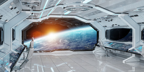 White clean spaceship interior with view on planet Earth 3D rendering © sdecoret
