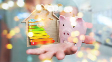 Businesswoman saving money with good energy chart rating 3D rendering