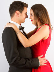 Fashionable picture of young people couple elegant kiss and hug in love