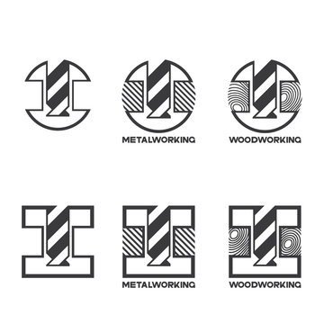 illustration consisting of several images of milling cutters for wood and metal and the inscription "woodworking" and "metalworking" in the form of a symbol or logo