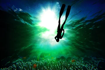 Afwasbaar Fotobehang Duiken Silhouette of an freediver