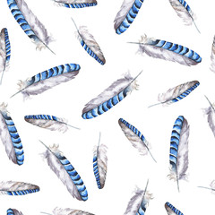 Seamless pattern with grey and blue feathers on white background. Hand drawn watercolor illustration.