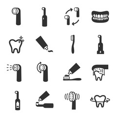 Obraz premium Toothbrush, monochrome icons set. cleaning.Electric or conventional toothbrushes, simple symbols collection