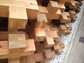 Detail of Japanese architectural structure made of wooden square blocks