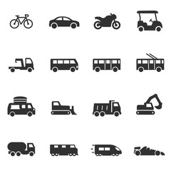 Ground transportation, monochrome icons set.