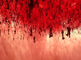 Detail of japanese artwork showing a set of keys held by strings