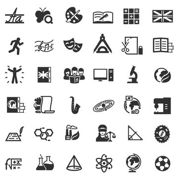 School subjects, monochrome icons set. Lessons, simple symbols collection