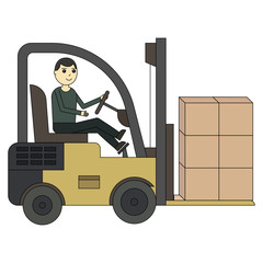 Forklift truck. Fork loader, pallet with stacked boxes