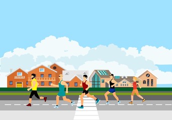 group of marathon athlete runners running on street, vector illustration