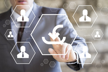 Businessman presses button download icon on virtual electronic user interface