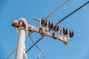 Closeup of a residential electricity line showing the dropwire from the main supply, Malta