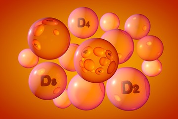 Transparent orange vitamin D2, D3, D4 pills. Ergocalciferol, cholecalciferol and dihydroergocalciferol capsules. Vitamin and mineral complex. 3d illustration