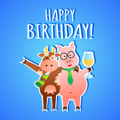 Obraz na płótnie Canvas Funny vector birthday greeting card with animals