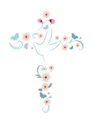 Fototapeta Elegant vector Christian cross isolated with dove pink flowers and butterflies obraz