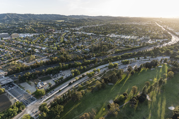 Late afternoon aerial view of the Ventura 101 freeway near the Sepulveda basin in the Encino area of the San Fernando Valley in Los Angeles, California.