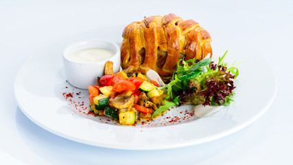 Tasty beef Wellington with pastry crust, appetizing steak dish o