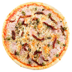 Tasty Italian pizza with cheese, meat and bacon isolated on whit